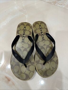 Coach Olive and Black Monogram Flip Flops
